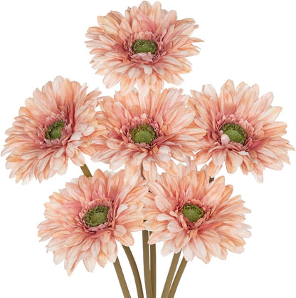 Briful Realistic Fake Flowers Bulk – 6pcs Gerbera Daisy Artificial Flowers Bouquet, Spring Summer Faux Flowers Indoor for Vase Filler, Wedding Centerpieces, Home & Outdoor Decor, Pink