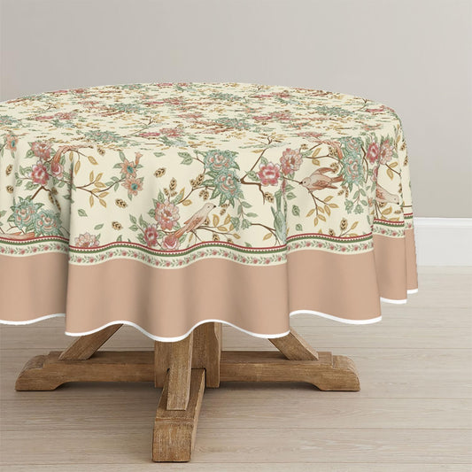 Horaldaily Floral Round Tablecloth 70x70 Inch Round, Pink Birds Elegant Vintage Washable Seasonal Table Cover for Party Picnic Dinner Decor