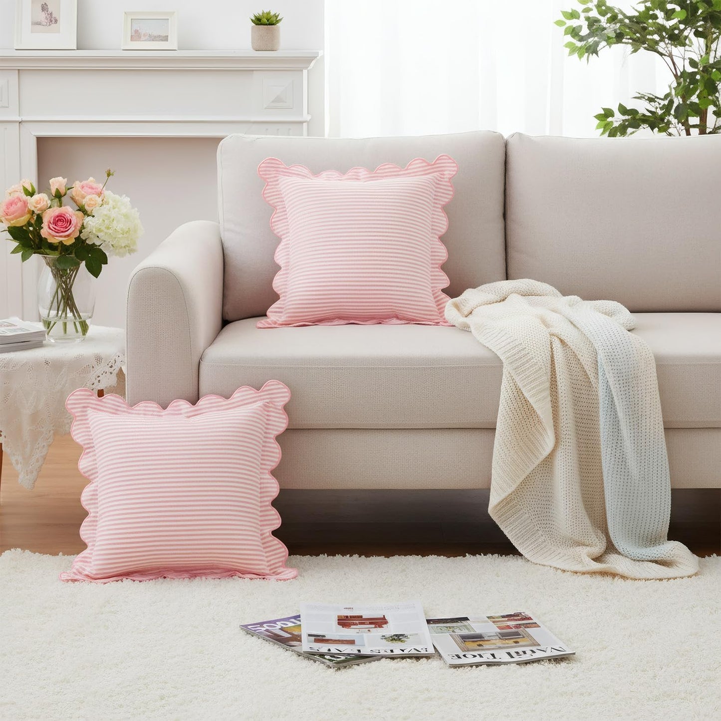 Newwiee 2 Pack Scalloped Pillow Cover 18 x 18 Inch Stripe Throw Pillow Cover Cotton Decorative Pillowcase for Women Men Couch Living Room Cushion Indoor Outdoor Decoration(Pink, Scalloped)