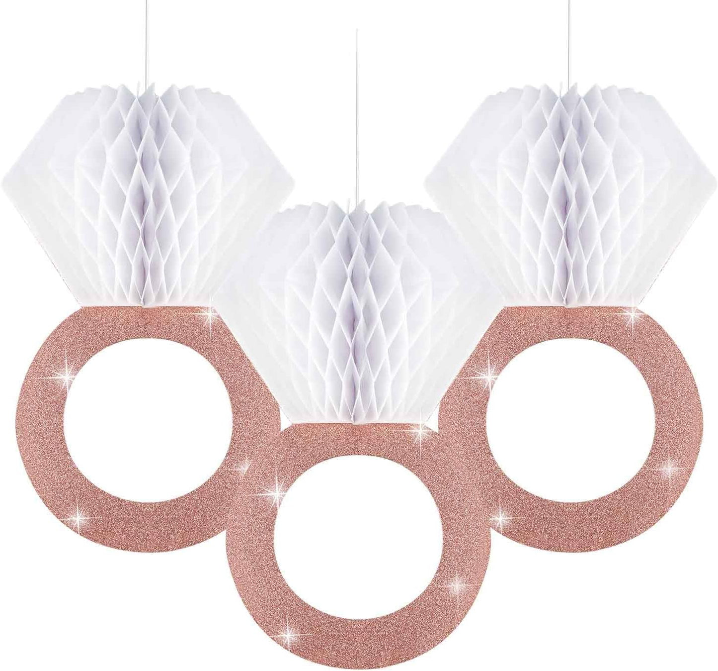 3 Pieces Honeycomb Diamond Ring Hanging Decorations for Wedding Party Bridal Shower Engagement - Glitter Gold Paper Balls Supplies for Engaged Decor (Rose Gold)