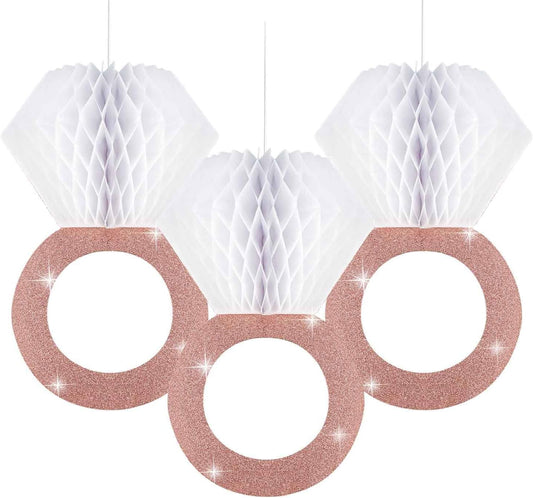 3 Pieces Honeycomb Diamond Ring Hanging Decorations for Wedding Party Bridal Shower Engagement - Glitter Gold Paper Balls Supplies for Engaged Decor (Rose Gold)