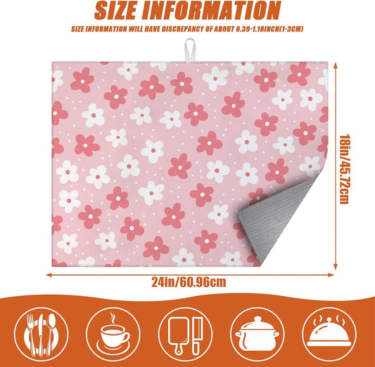 Pink Daisy Floral Dish Drying Mat for Kitchen Counter Microfiber Absorbent Dish Vintage Flowers Kitchen Drying Mat Draining Reusable Washable for Dishes/Utensils/Countertops/Sinks