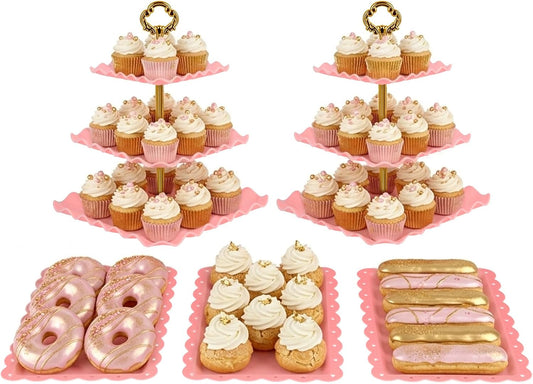 NWK 5 Piece Cake Stand Set with 2 x Large 3-Tier Cupcake Stands, 3 x Appetizer Trays, for Wedding Birthday Baby Shower Tea Party Decorations (Pink)