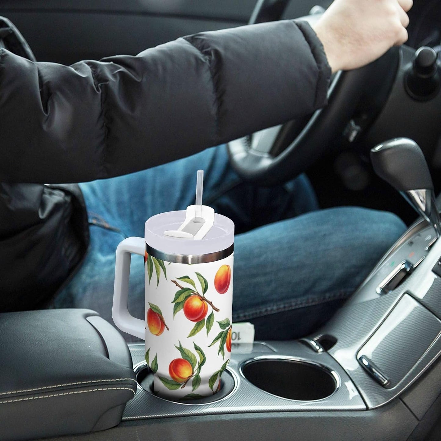 40 oz tumbler with handle and straw Peaches Branch Pattern Stainless Steel Tumbler Leakproof Water Bottle Vacuum Insulated Cups With Lid Travel Mug For Car Cup Holder,