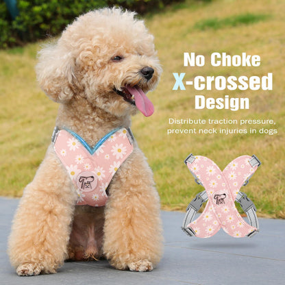 Pawaboo Small Dog Harness and Leash Set, Puppy Harness X-Frame No Pull No Choke, Dog Vest Harness Adjustable for Small Medium Sized Dogs,Soft Breathable Pet Harness for Walking Outing, M, Pink Daisy