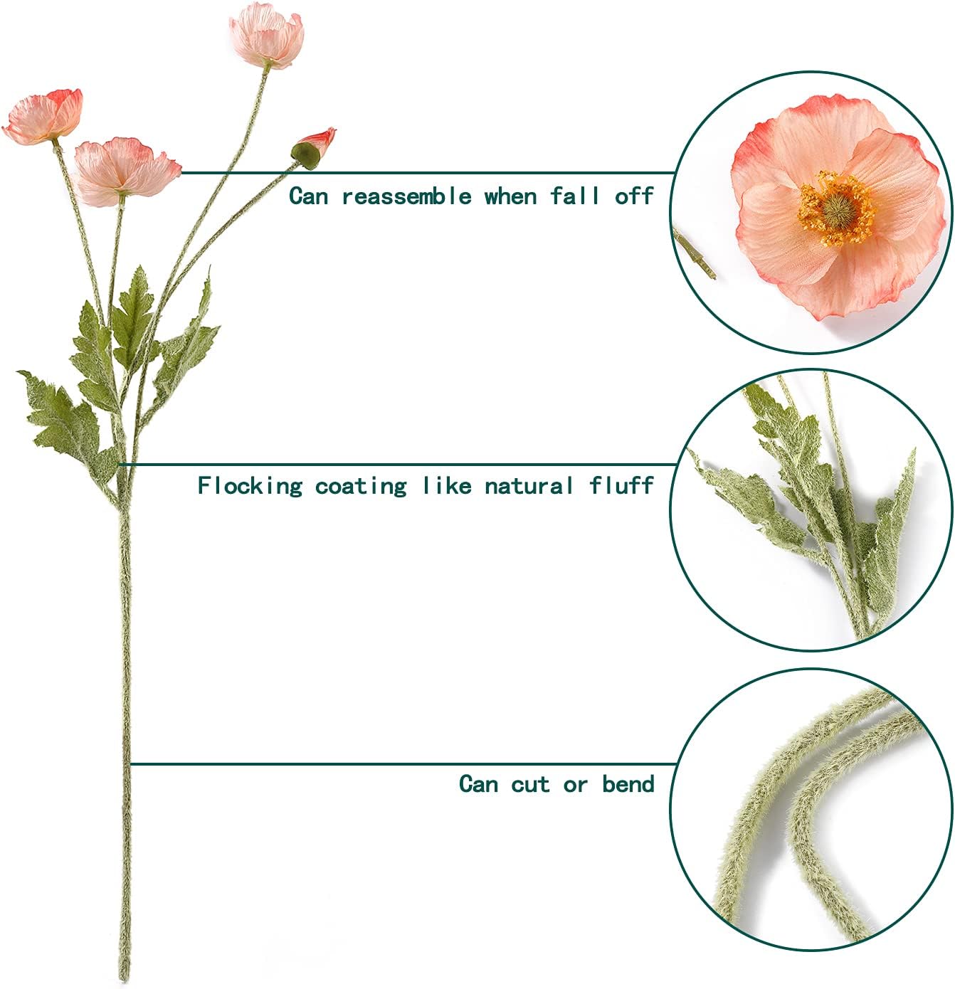 Artificial Poppy Flowers, 5 Bundles Faux Poppies with Stems for Floral Arrangements - Wedding, Home, Office, Party Table Centerpiece Decor (Pink)