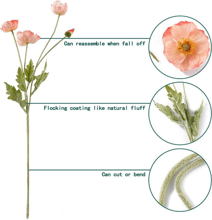 Artificial Poppy Flowers, 5 Bundles Faux Poppies with Stems for Floral Arrangements - Wedding, Home, Office, Party Table Centerpiece Decor (Pink)