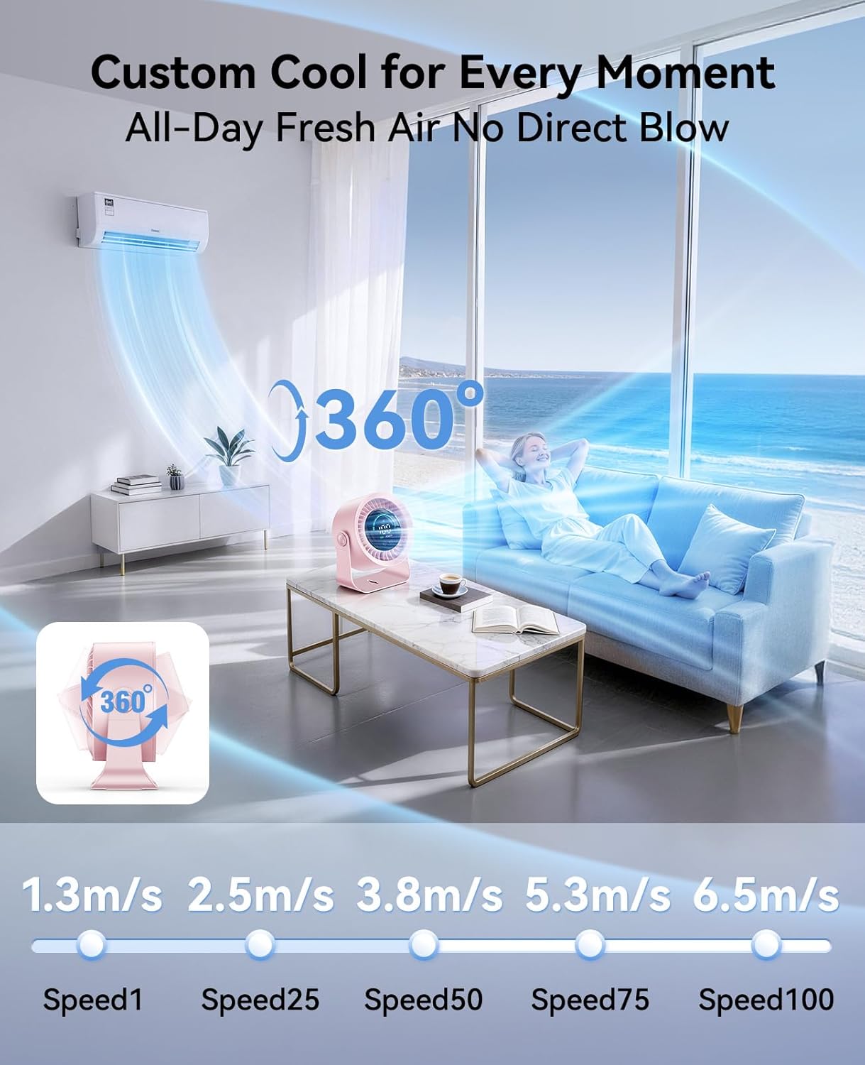DIGIX Rechargeable USB Desk Fan for Bedroom, 100 Speeds, 360° Rotation, Wall Mounted Design Small Portable Table Fan with LED Display, Quiet Personal Desktop Cooling Fans for Home Office (Pink)