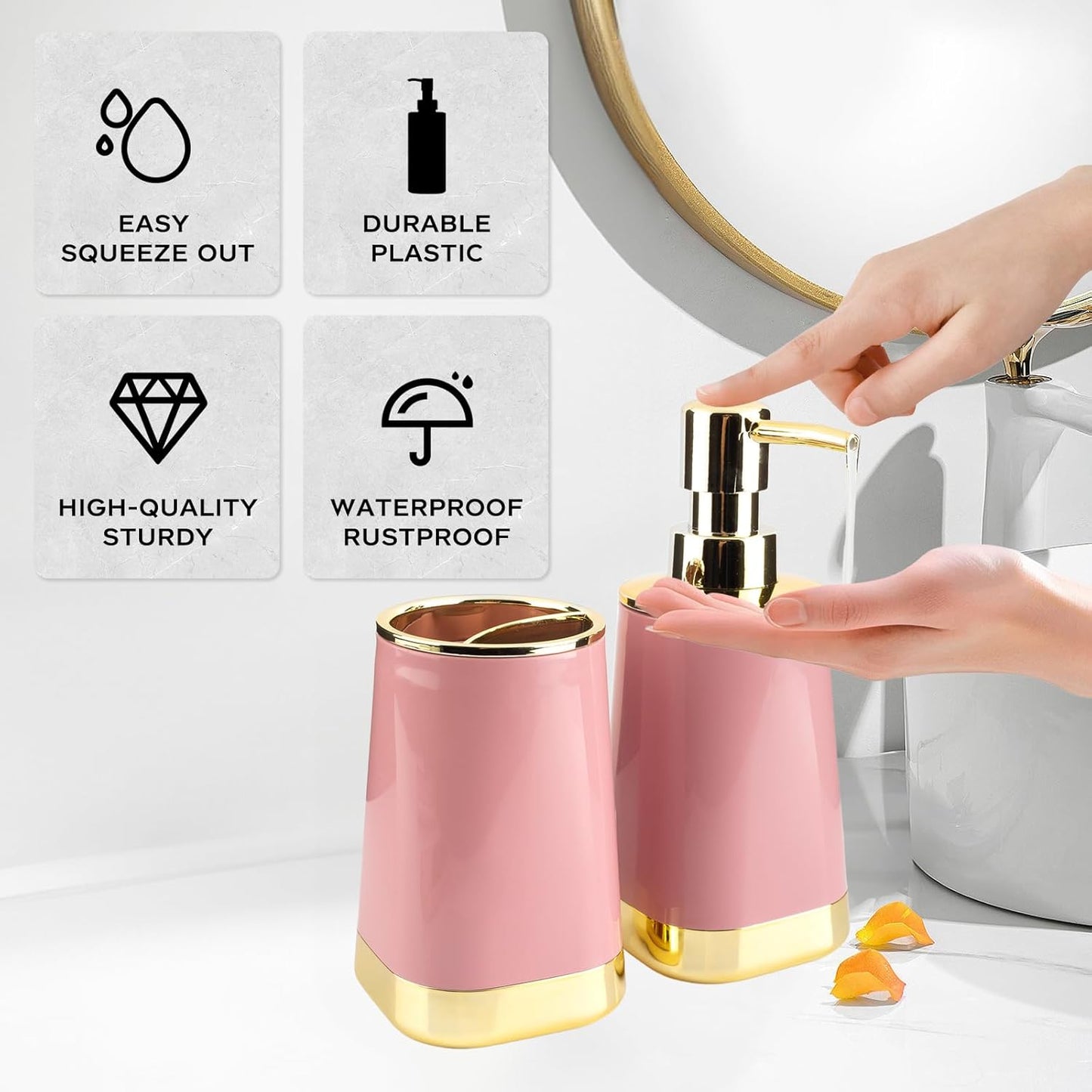 Bathroom Accessories Set, 2Piece Pink and Gold Bathroom Accessories Include Soap Dispenser and Toothbrush Holder for Modern Bathroom Decor