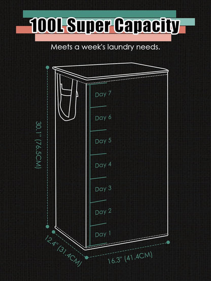 WTREE Laundry Hamper with Lid, Reinforced Sturdy Clothes Hamper with Anti-Puncture Base, Large Collapsible Laundry Basket with Removable Liner Bag, Tall Dirty Clothes Bin for Family, 100L Pink
