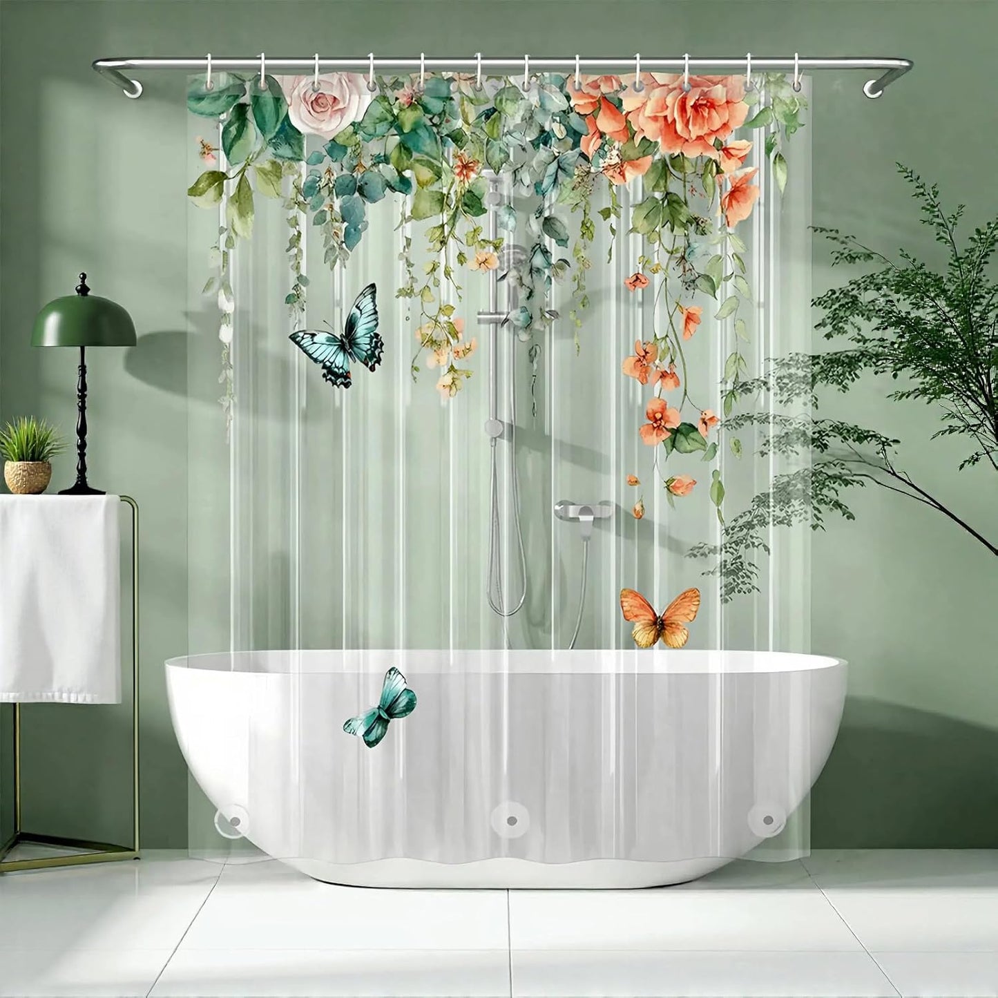 Clear Colorful Floral Butterfly Shower Curtain Liner, Plastic Pretty Pink and Orange Flower Green Eucalyptus Leaf Shower Curtains for Bathroom, 72x72 Weighted Magnetic Shower Curtain Set with 12 hooks