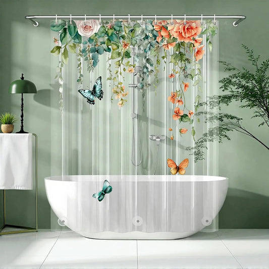 Clear Colorful Floral Butterfly Shower Curtain Liner, Plastic Pretty Pink and Orange Flower Green Eucalyptus Leaf Shower Curtains for Bathroom, 72x72 Weighted Magnetic Shower Curtain Set with 12 hooks