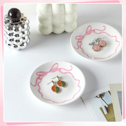 DoubleFill Pink Bow Jewelry Dish Tray Coquette Decorative Ring Dish Ceramic Trinket Tray Key Bowl for Mom Best Friend Sister Bridesmaid Gifts