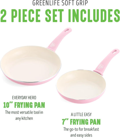 GreenLife Non Stick Fry Pan Set (7" & 10"), Non-Toxic PFAS-Free Ceramic Skillets, Dishwasher & Oven Safe, Egg Omelet Frying Pans, Stay- Cool Handles, Kitchen Home Cooking Essentials, Pink