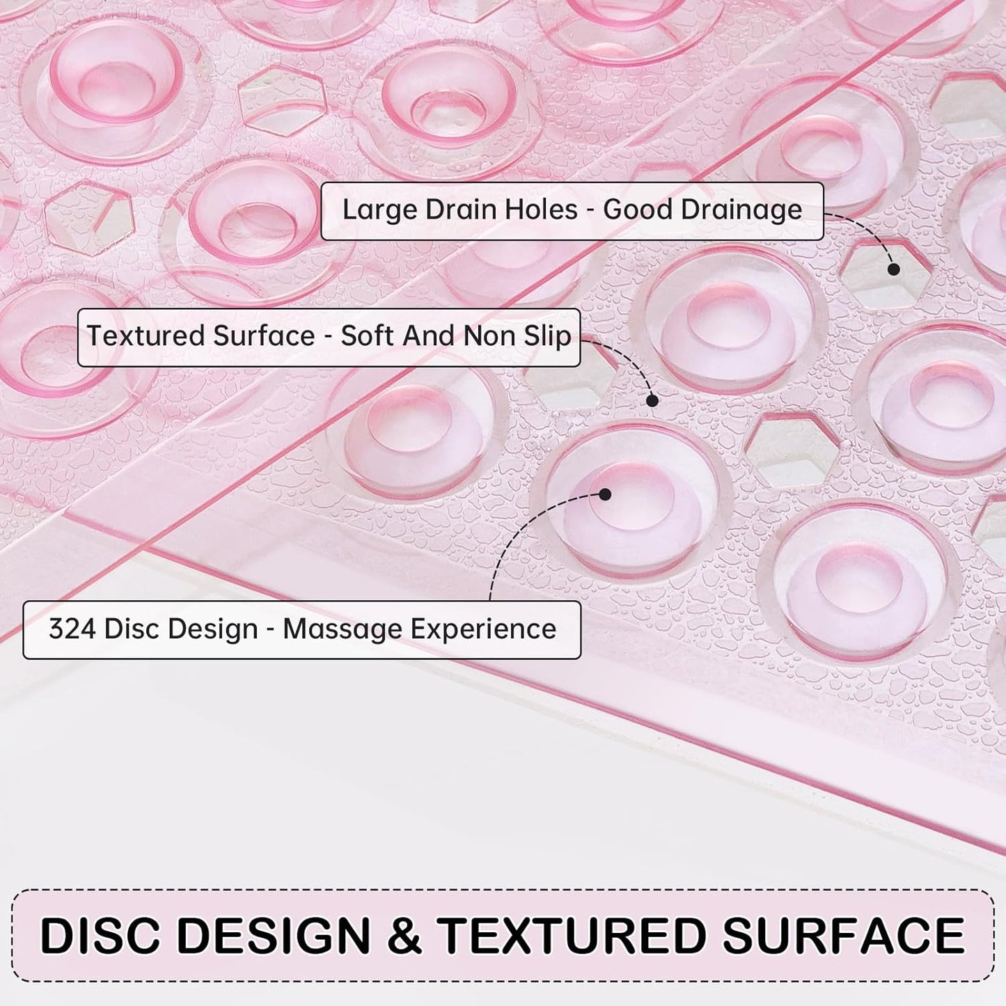 Non-Slip Bathtub and Shower Mats, Power Grip Bath Mat 35 x 16.3 Inch with Suction Cups and Drain Holes for Tub Bathroom Floor Safety, Machine Washable Soft Bathmat, Clear Pink