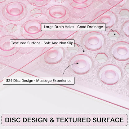 Non-Slip Bathtub and Shower Mats, Power Grip Bath Mat 35 x 16.3 Inch with Suction Cups and Drain Holes for Tub Bathroom Floor Safety, Machine Washable Soft Bathmat, Clear Pink