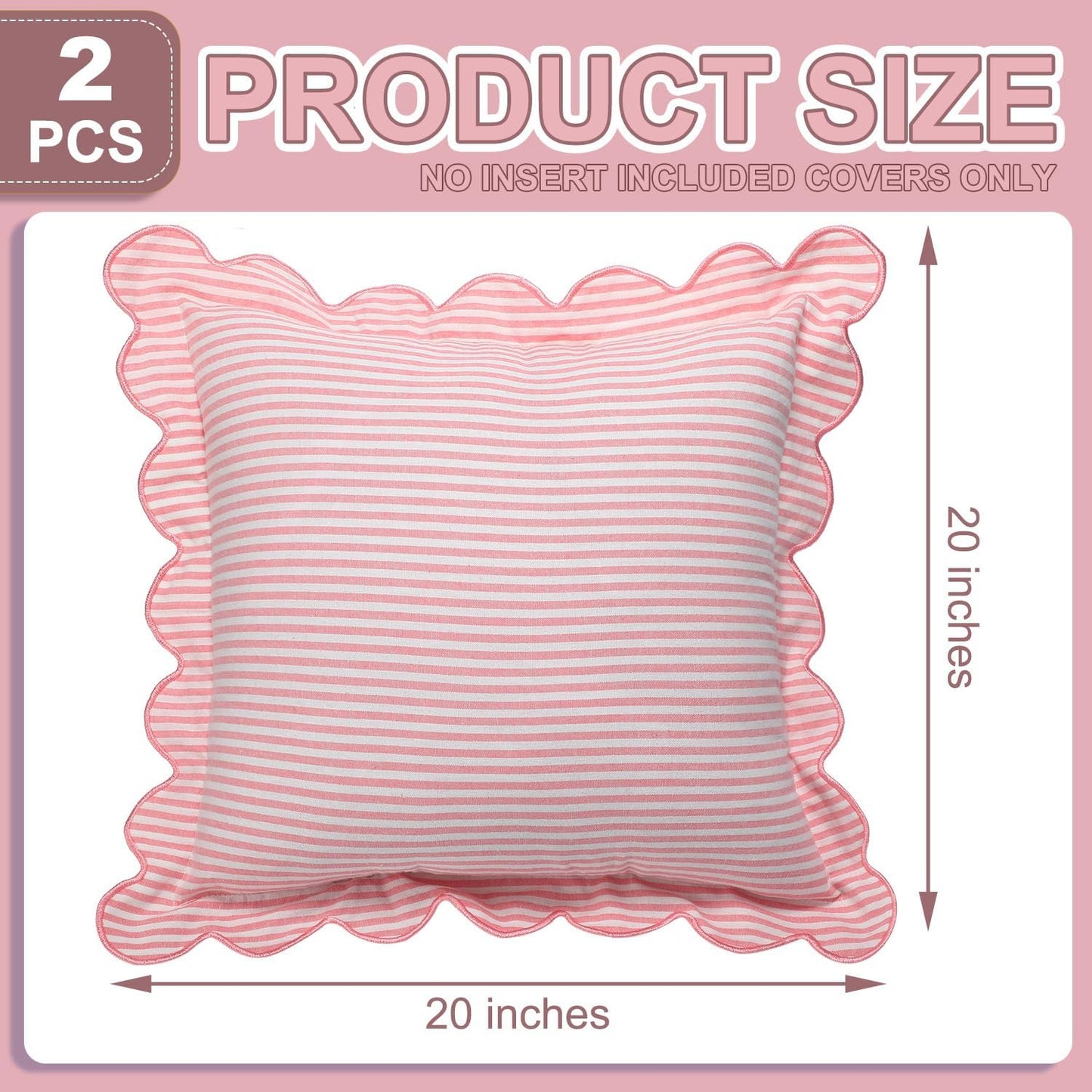 Newwiee 2 Pack Scalloped Pillow Cover 18 x 18 Inch Stripe Throw Pillow Cover Cotton Decorative Pillowcase for Women Men Couch Living Room Cushion Indoor Outdoor Decoration(Pink, Scalloped)