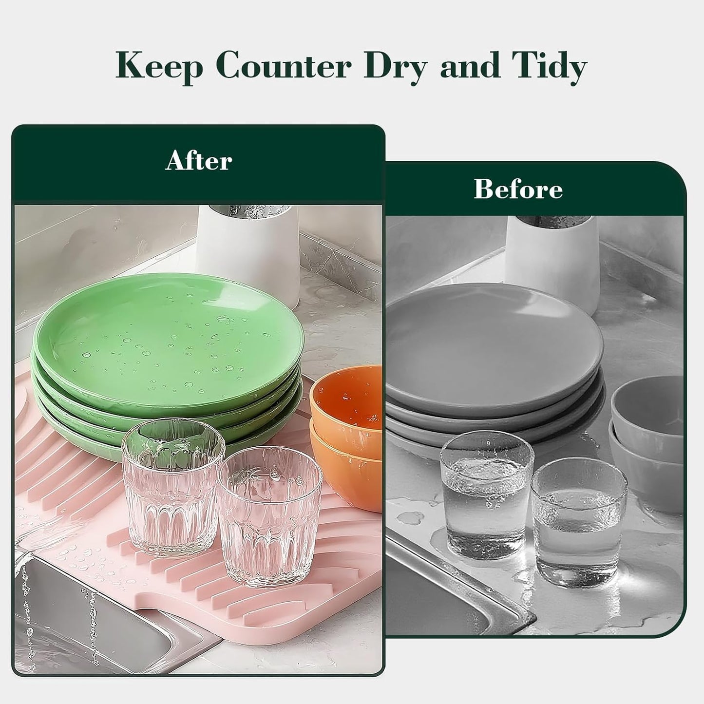 Silicone Dish Drying Mat for Kitchen Counter, Sloped Dish Drainer Mat with Drainage Ridges Grooves, Reliable Support, Non-Slip, Portable, Pink, 14.6" x 11.8"