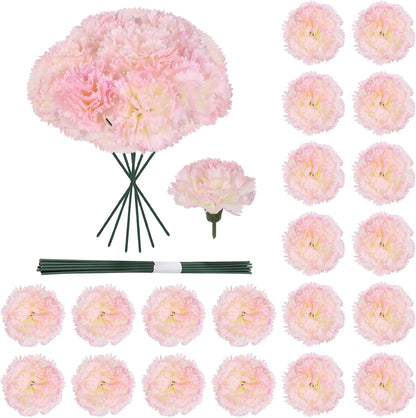20PCS Pink Carnations Artificial Flowers with Stems, 3.15in Silk Carnations Heads Fake Flowers in Bulk for Home Weddings Table Centerpiece DIY Crafts Parties Décor(Light Pink)