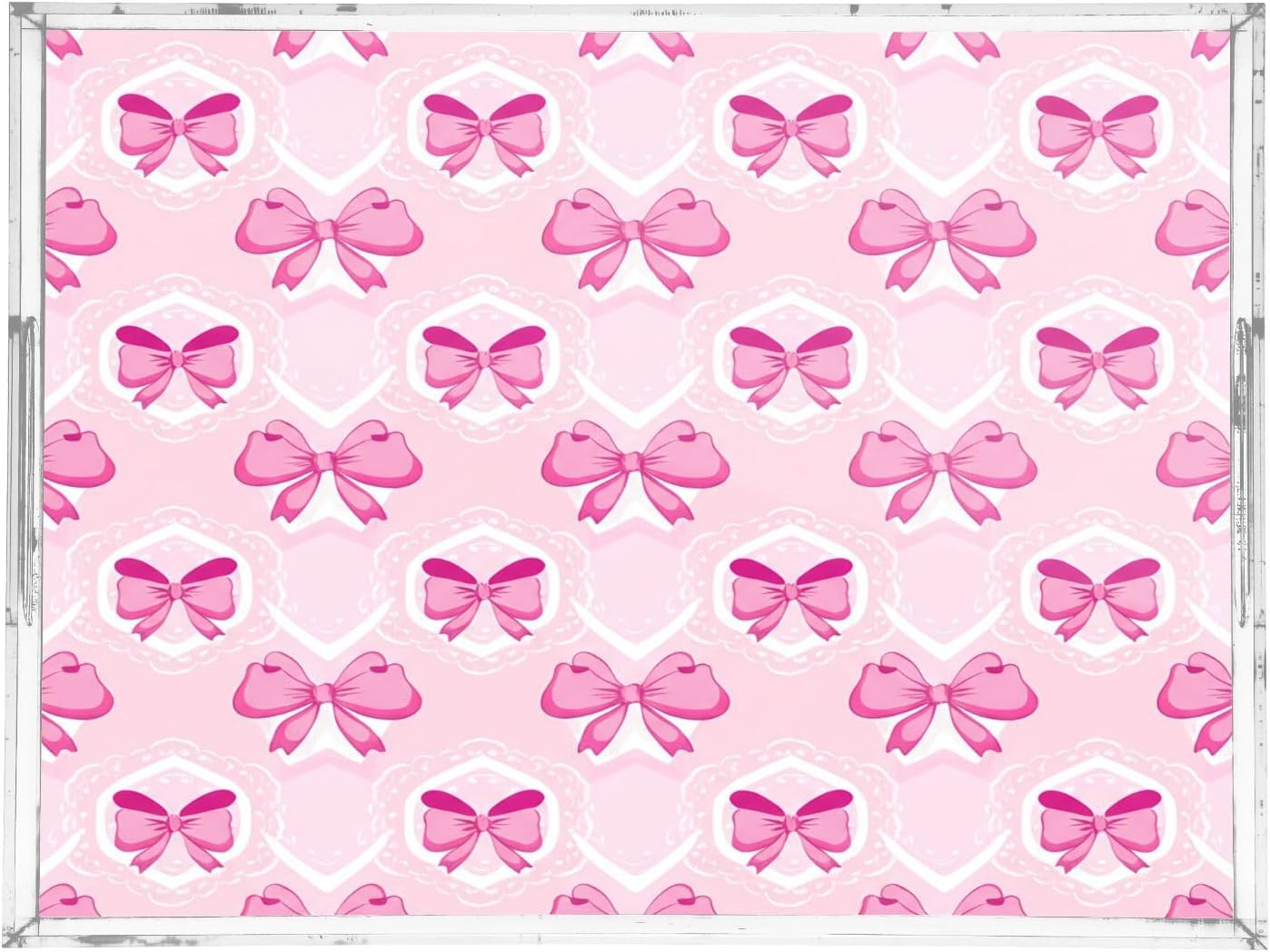 Light Pink Bows Serving Tray Acrylic Decorative Trays 16" x 12" Serving Platter with Handles for Coffee Table, Dessert Party, Bathroom Vanity Countertop