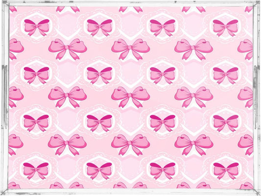 Light Pink Bows Serving Tray Acrylic Decorative Trays 16" x 12" Serving Platter with Handles for Coffee Table, Dessert Party, Bathroom Vanity Countertop