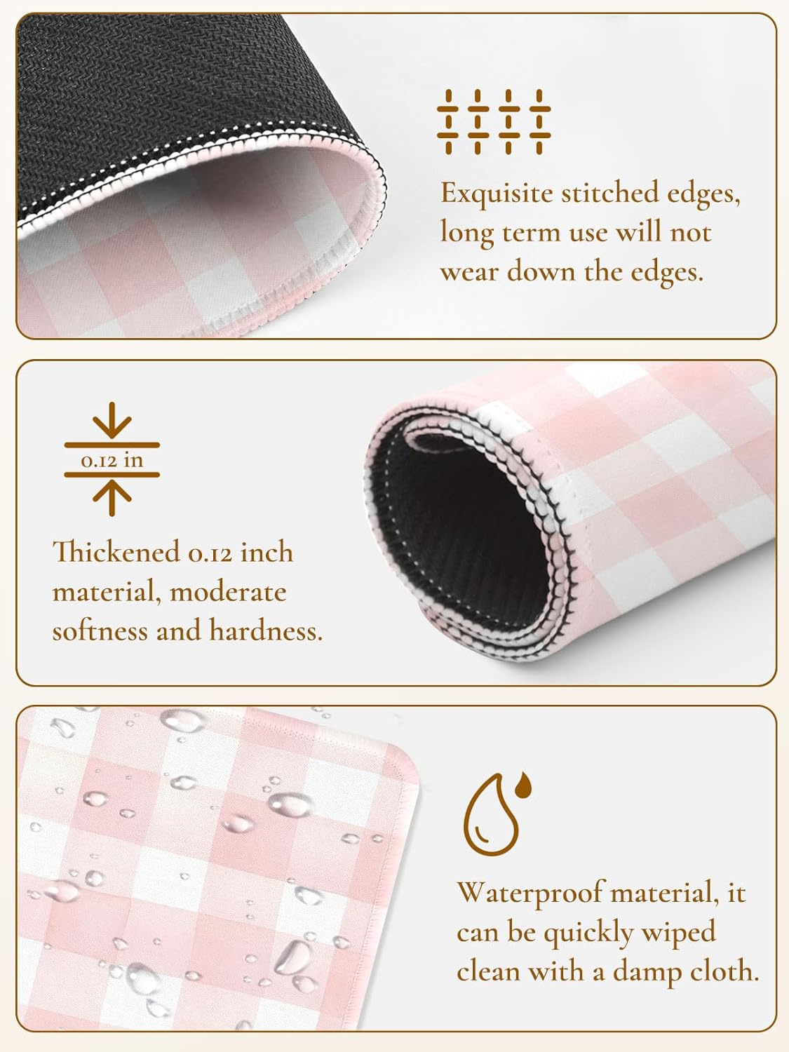 Cute Pink Mouse Pad,Retro Checkered Pattern Mousepad,Square Aesthetic Plaid Waterproof Grid Mouse Mat Design, Non-Slip Rubber Base Computer Funny Boho Mouse Pads, Desk Accessories,Light Pink