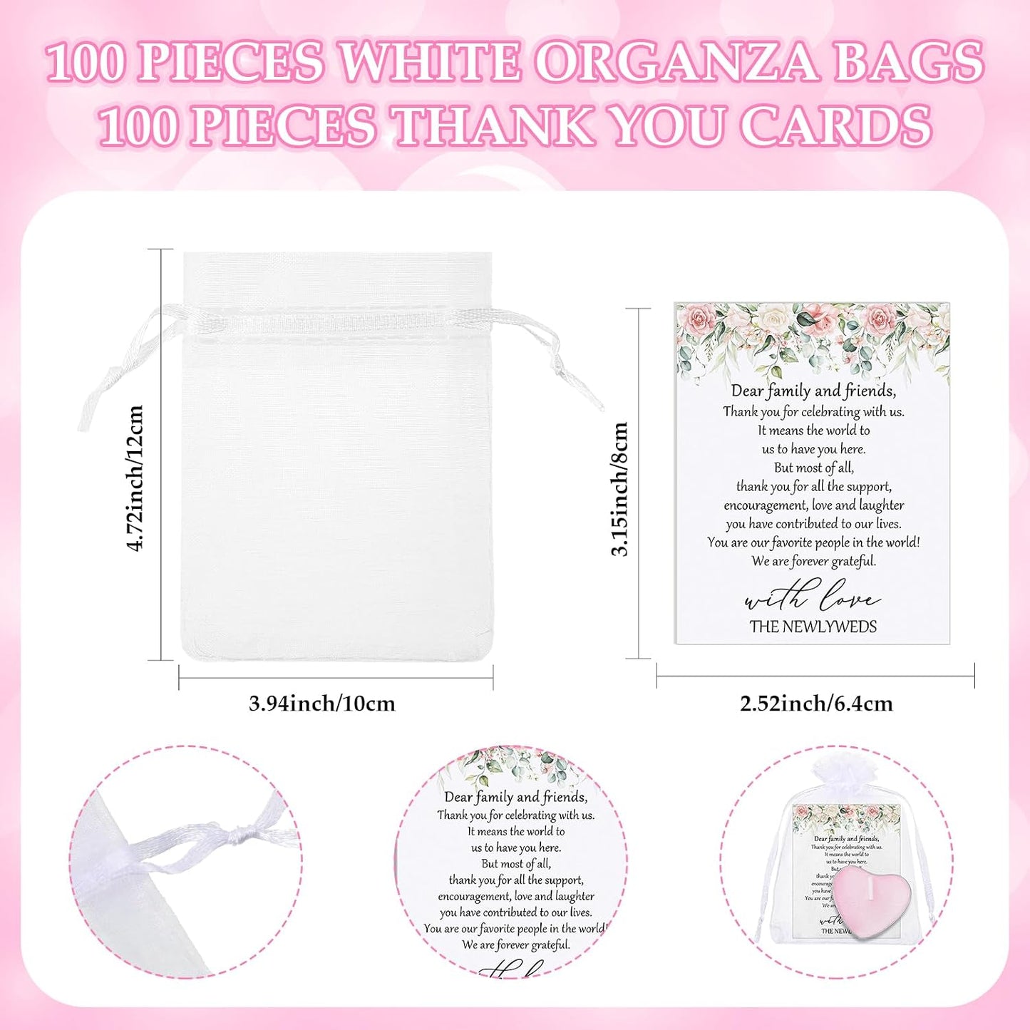 Threlaco 100 Sets Wedding Favors for Guests Bulk Pink Heart Shaped Candles with Thank You Cards Organza Bags Mini Heart Romantic Candle Gifts Wedding Thank You Gifts Party Favors for Guests(Love,Pink)