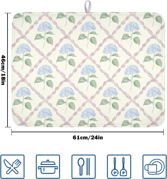 Hydrangea Floral Dish Drying Mat for Kitchen Counter Watercolor Blue and Pink Flower Drying Mat 18x24 Inch Rustic Elegant Absorbent Dish Drainer Mat Kitchen Accessories