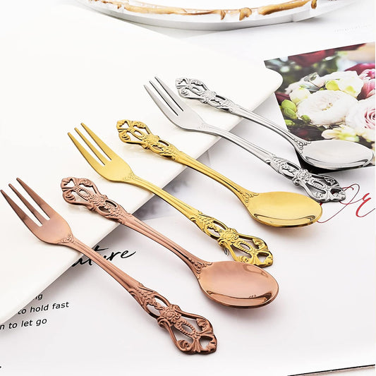 12-Piece Rose Gold Stainless Steel Vintage Coffee Spoon And Cake Fruit Forks, Kitchen Accessory For Dessert, Salad, Appetizer (6 Forks + 6 Spoons)