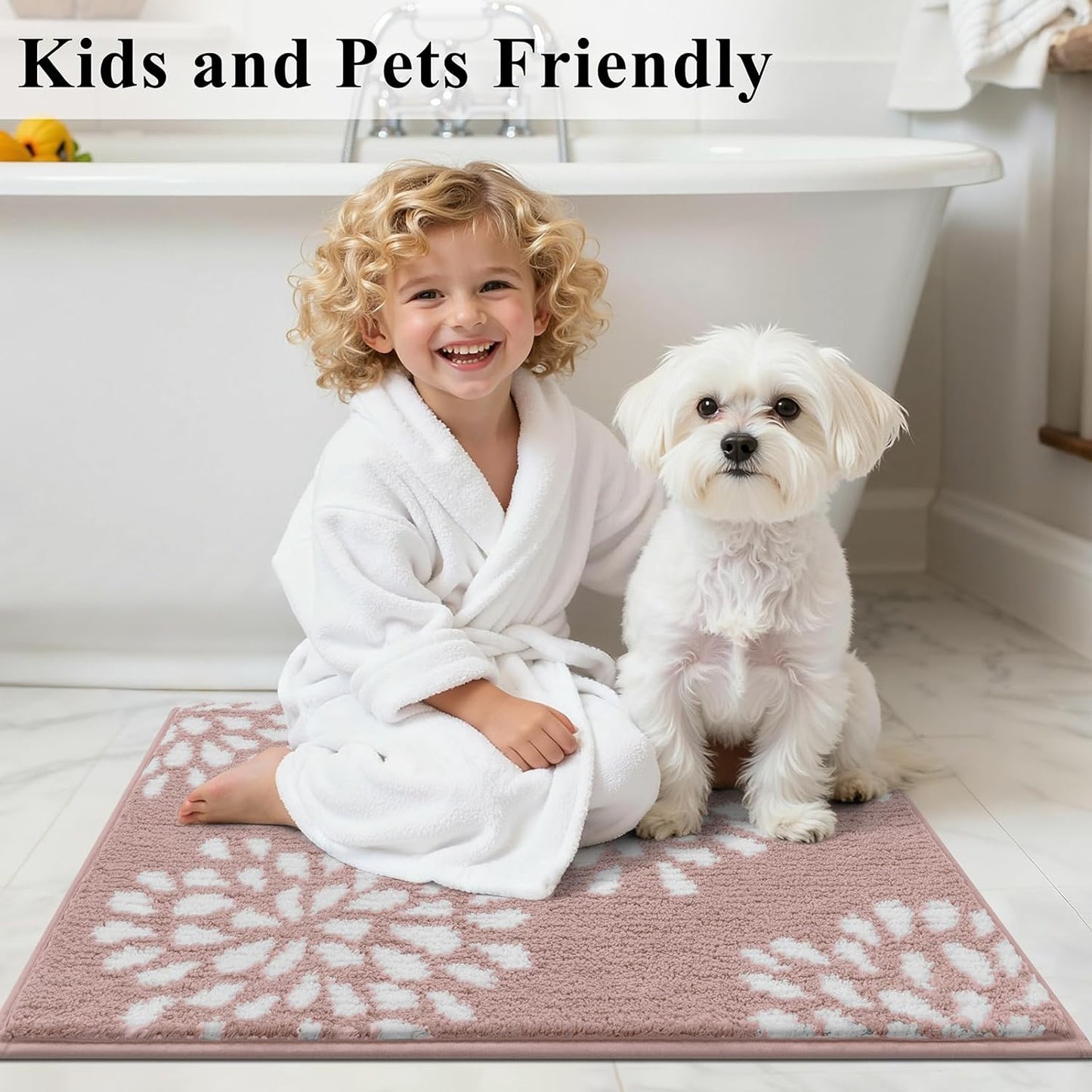 HEBE Floral Bathroom Rugs Set 5 Piece, Non Slip Washable Bath Mat Set for Bathroom, Absorbent Microfiber Bath Carpet with U-Shaped Contour Rug for Tub, Shower, Dusty Pink
