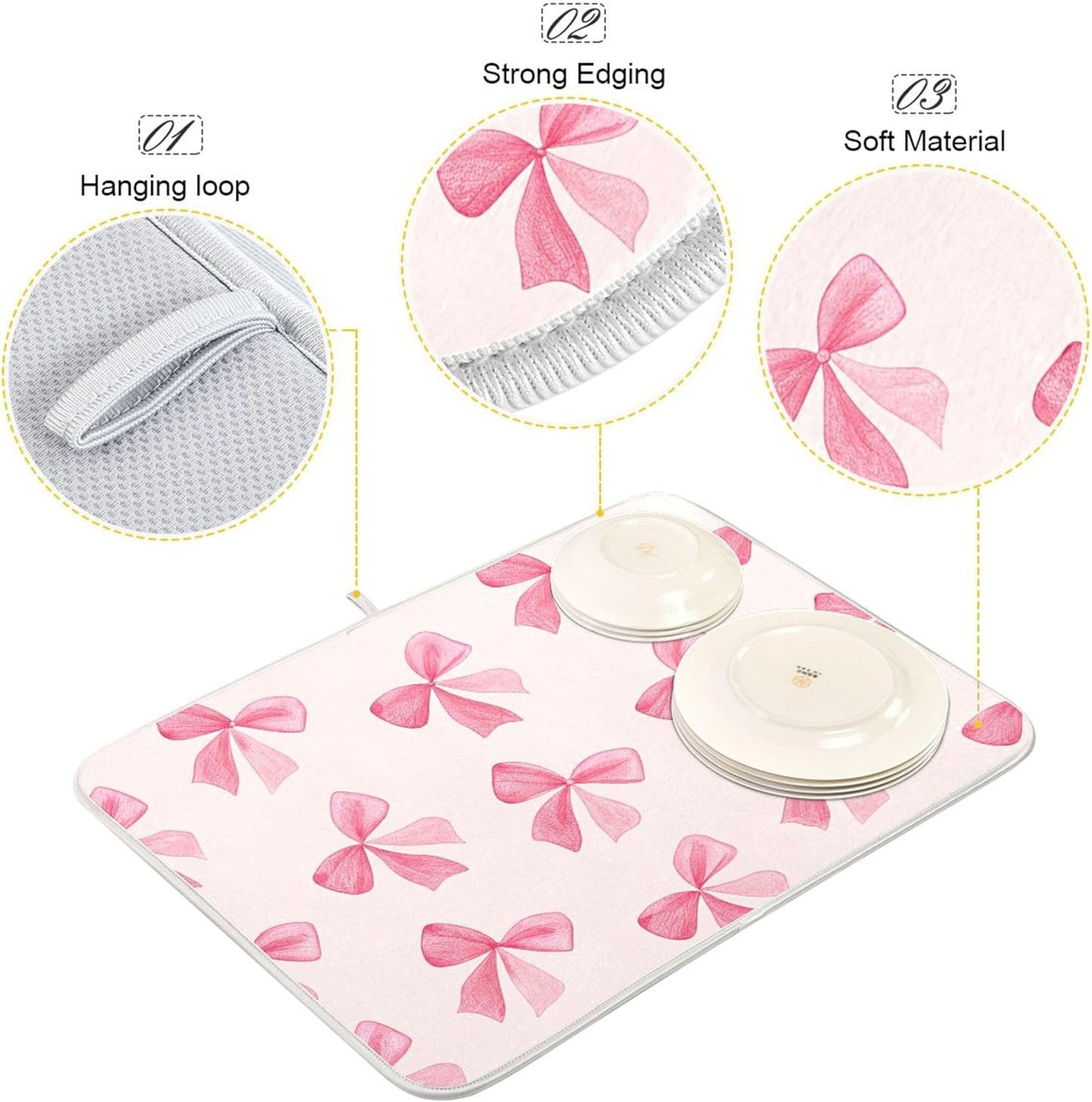 Pink Bow Dish Drying Mat for Kitchen Counter, Super Absorbent Non Slip Dish Drainer Rack Pad for Countertops, 16 x 18 Inch