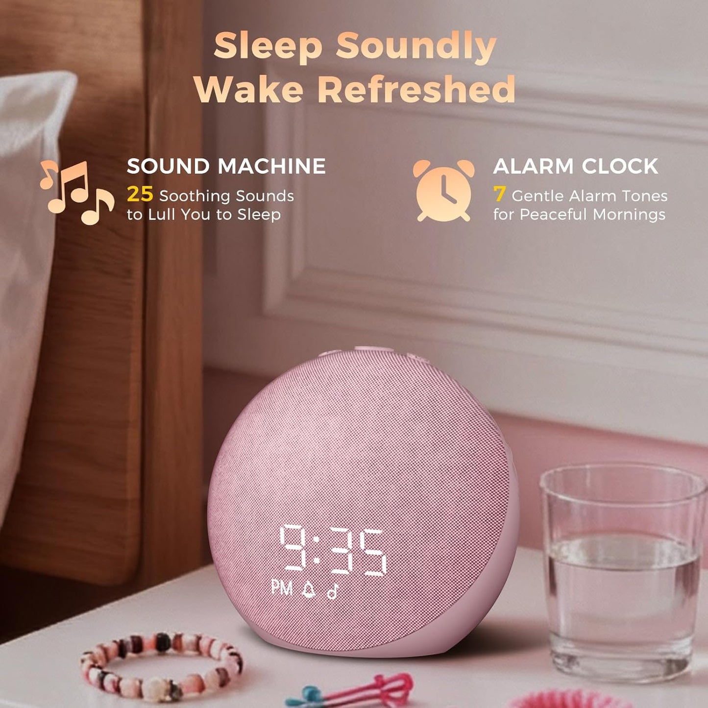 Acedeck Sound Machine Alarm Clock for Bedroom: 25 Natural Sleep Sounds - White Noise Machine for Adults Kids Baby - Gentle Wake Up Alarm with Bluetooth Speaker - Pink