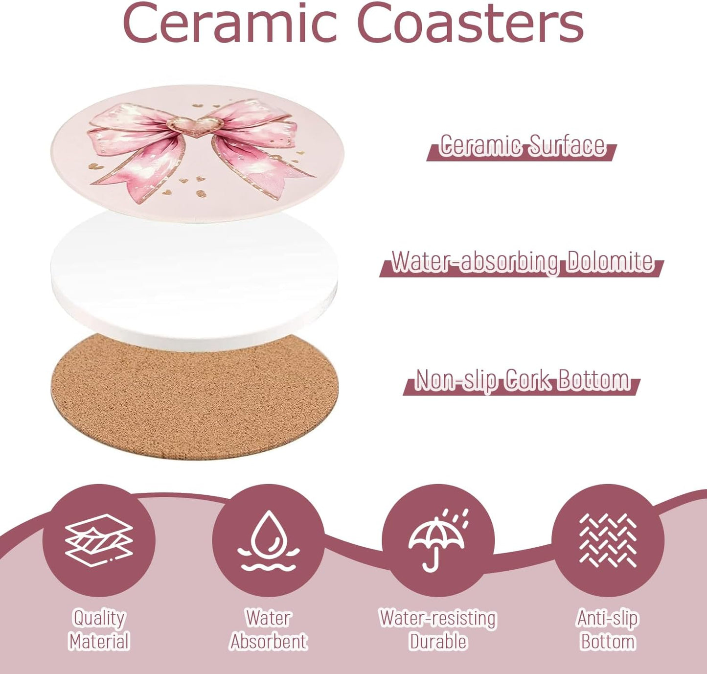 Pink Coasters Set of 4, Ceramic Drink Coasters with Cute Bow and Cherry, Absorbent Cork Backing Cup Mat for Mother's Day Valentine Baby Shower Birthday Home Kitchen Office Table Decor