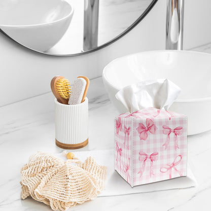 Pink Bows Tissue Box Cover, Square Tissue Box Holder with Bottom Belt, PU Leather Decorative Facial Paper Organizer for Table Top, Bathroom, Car, Office-017