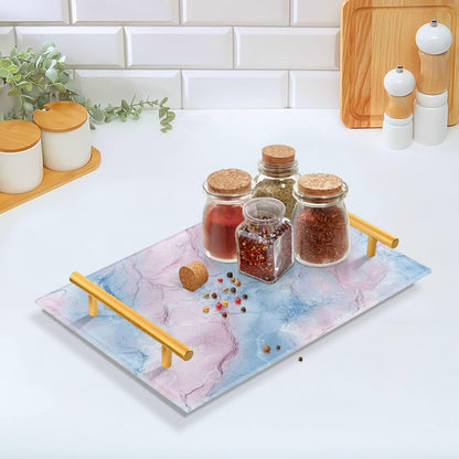 Peach and Light Blue Marble Texture Decorative Dinner Tray with Handles Coffee Serving Tray for Jewelry Perfume for Dinner Serving bandeja para Comer