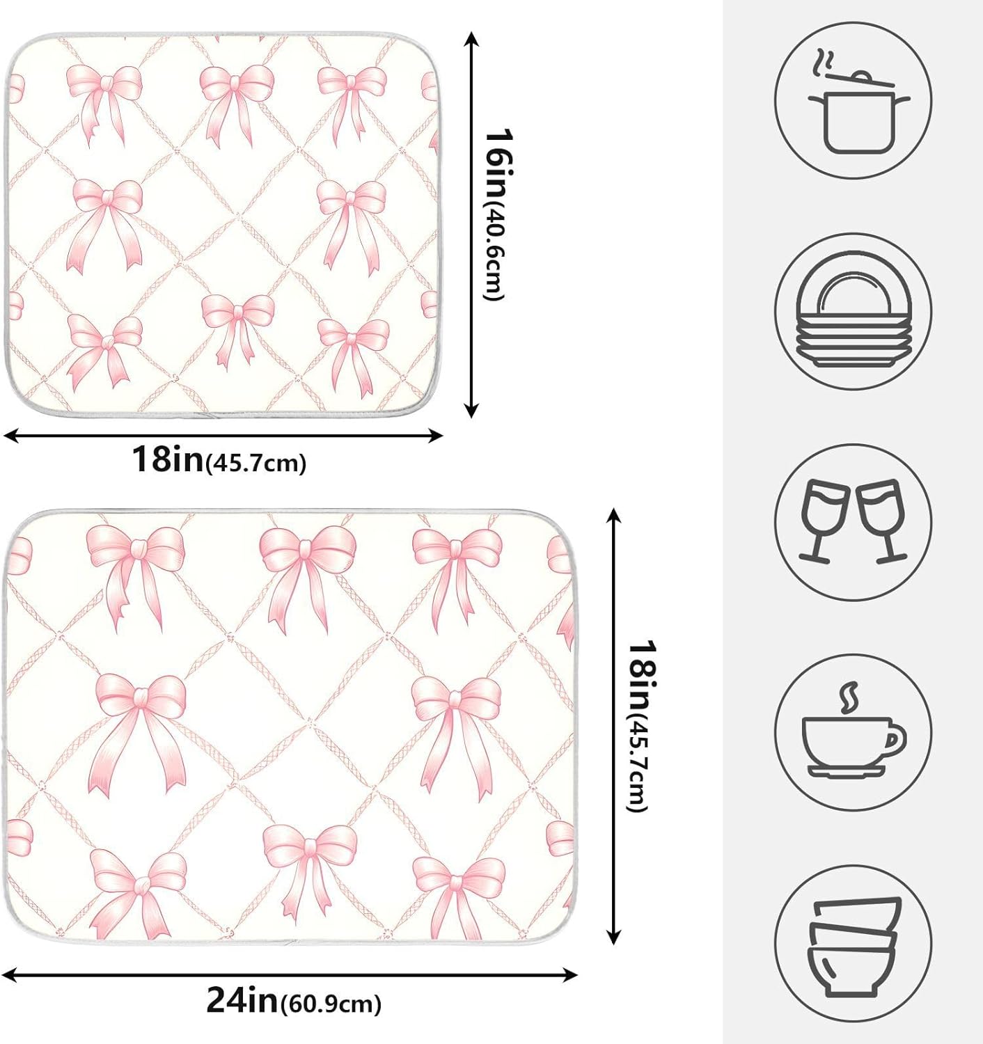Pink Bow Rhombus Plaid Pattern Dish Drying Mat for Kitchen, Absorbent Microfiber Dishes Drainer Mats, 16x18 Inch