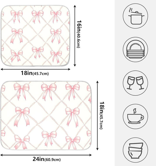 Pink Bow Rhombus Plaid Pattern Dish Drying Mat for Kitchen, Absorbent Microfiber Dishes Drainer Mats, 16x18 Inch