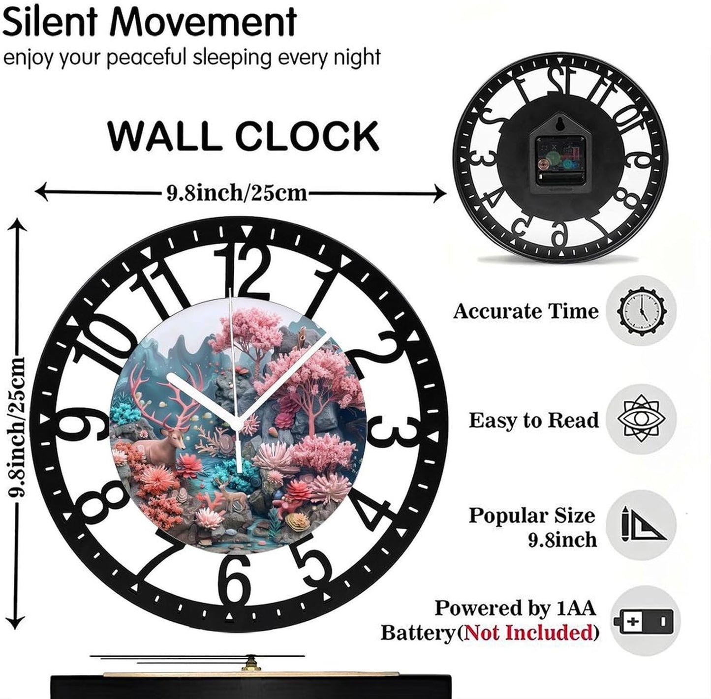 Metal Wall Clock for Living Room -10" Deer Among Pink Trees Coral Stream Silent Non Ticking,Battery Operated, Antique Clocks for Farmhouse,Bedroom,Kitchen - Arabic Numerals