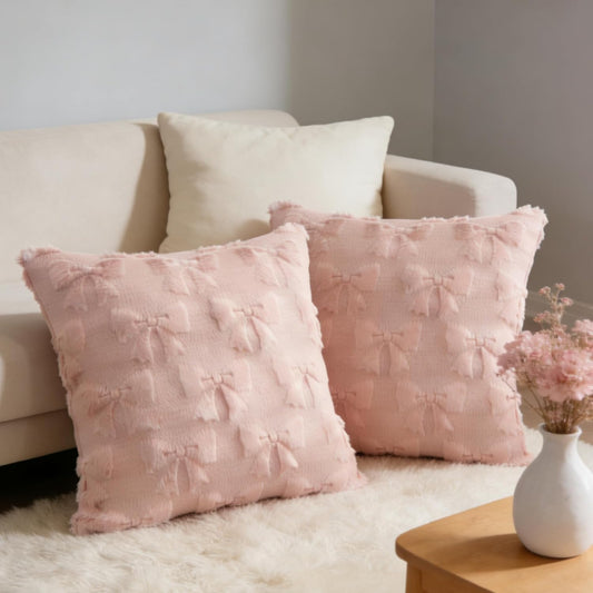 1 Pair Bow Pillows Covers, 18" x 18" Soft Plush Throw Pillows Covers with Zipper, Decorative Accent Pillow Case for Sofa, Bed Living Room Boho Home Decor (Pink, 18"X18")