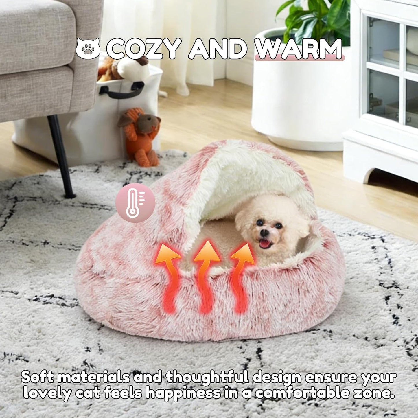 SUOXU Anti-Anxiety Cat Bed, Plush Hooded Cave, 20 in Diameter, Suitable for Small to Medium Pets, Pink