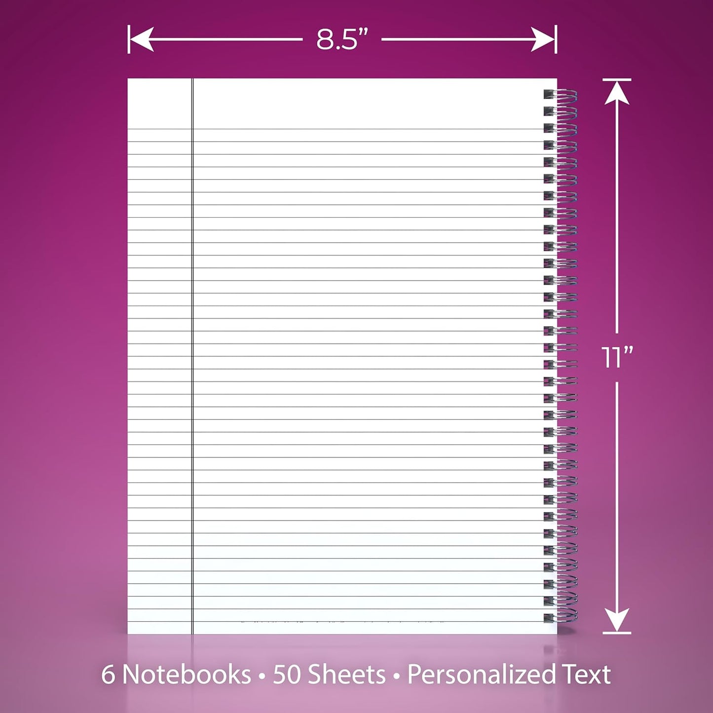 Custom Left Handed Spiral Notebook Journals with a Pastel Pink Colored Cover - 6 Pack of 8.5" x 11" – College Ruled, Hard Cover, 50 Sheets Per Book – For Journaling, Office, School Supplies, etc.
