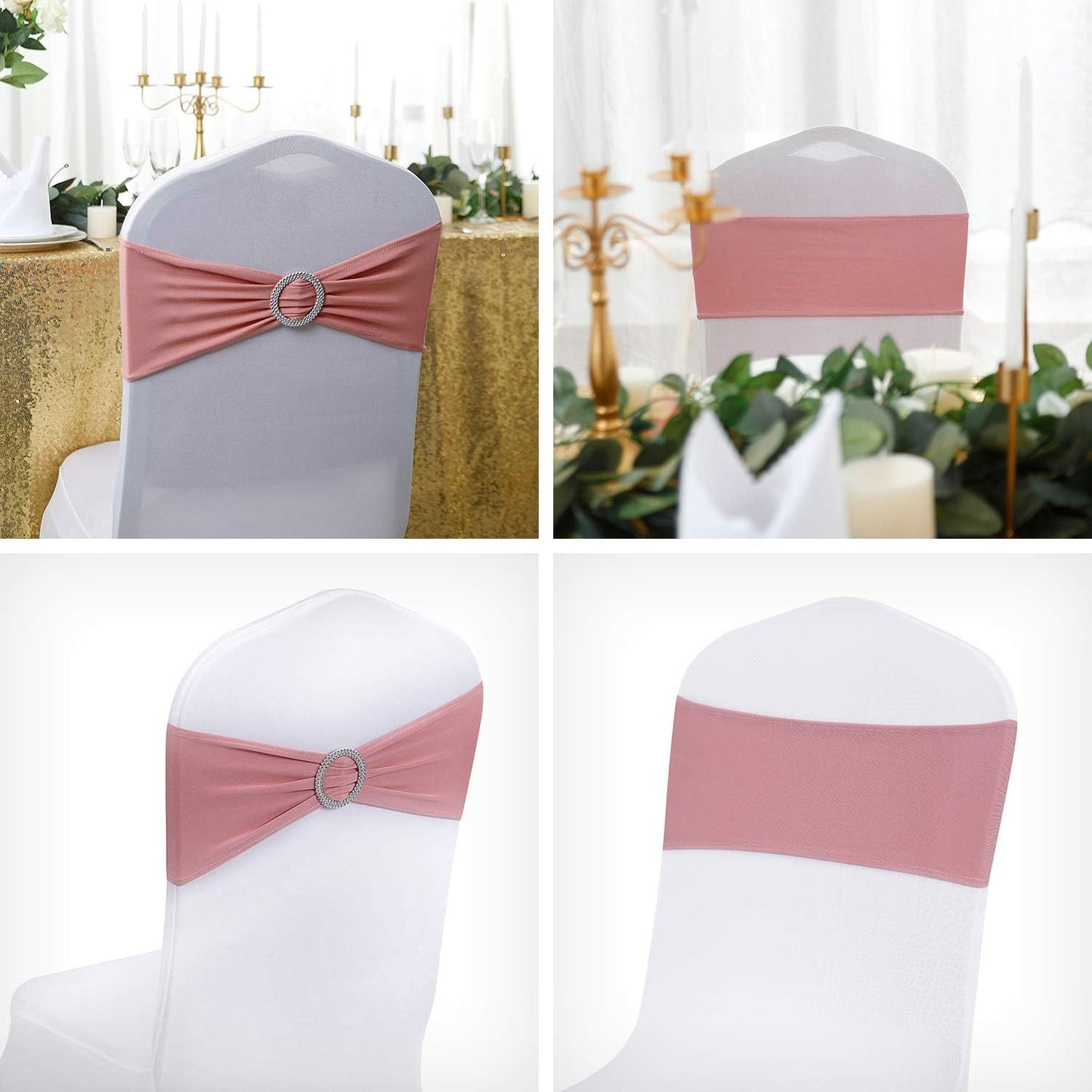 Peomeise 25pcs Dusty Pink Spandex Chair Sashes with Buckle Slider for Wedding, Party Decoration
