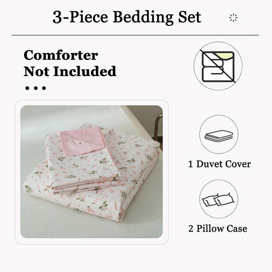 DREAMINGO Floral Duvet Cover Full Size, 100% Cotton Cute Bedding Set, Reversible Botanical Flowers Cottagecore Style White Pink Duvet Cover Set, Lightweight Soft for Teens Girls Women