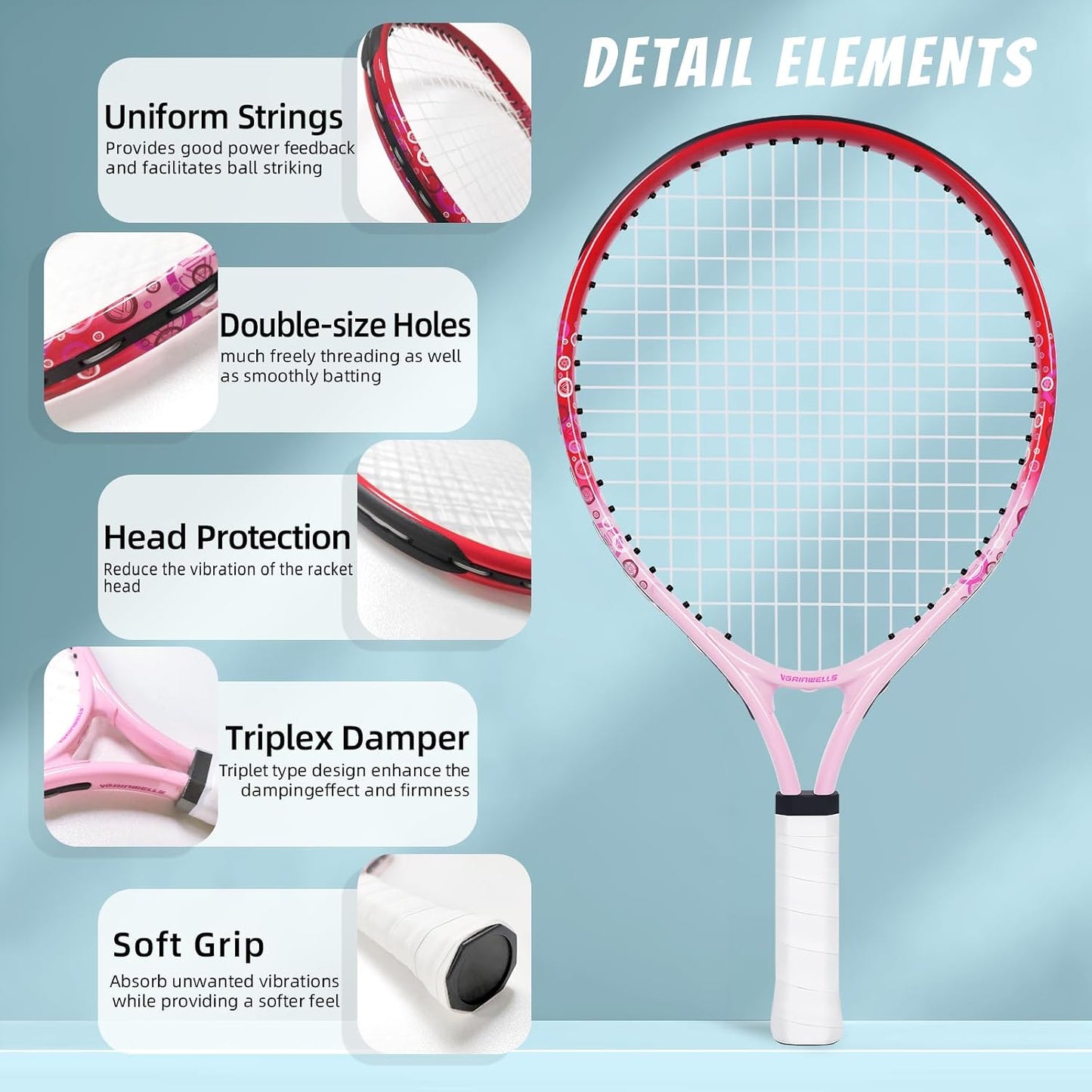 17"-23" Kids Tennis Racket for Aged 2-9, Lightweight and Durable, Including 1 Toddler Tennis Racket and 1 Replacement Grip Tapes