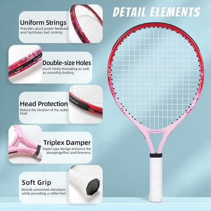17"-23" Kids Tennis Racket for Aged 2-9, Lightweight and Durable, Including 1 Toddler Tennis Racket and 1 Replacement Grip Tapes