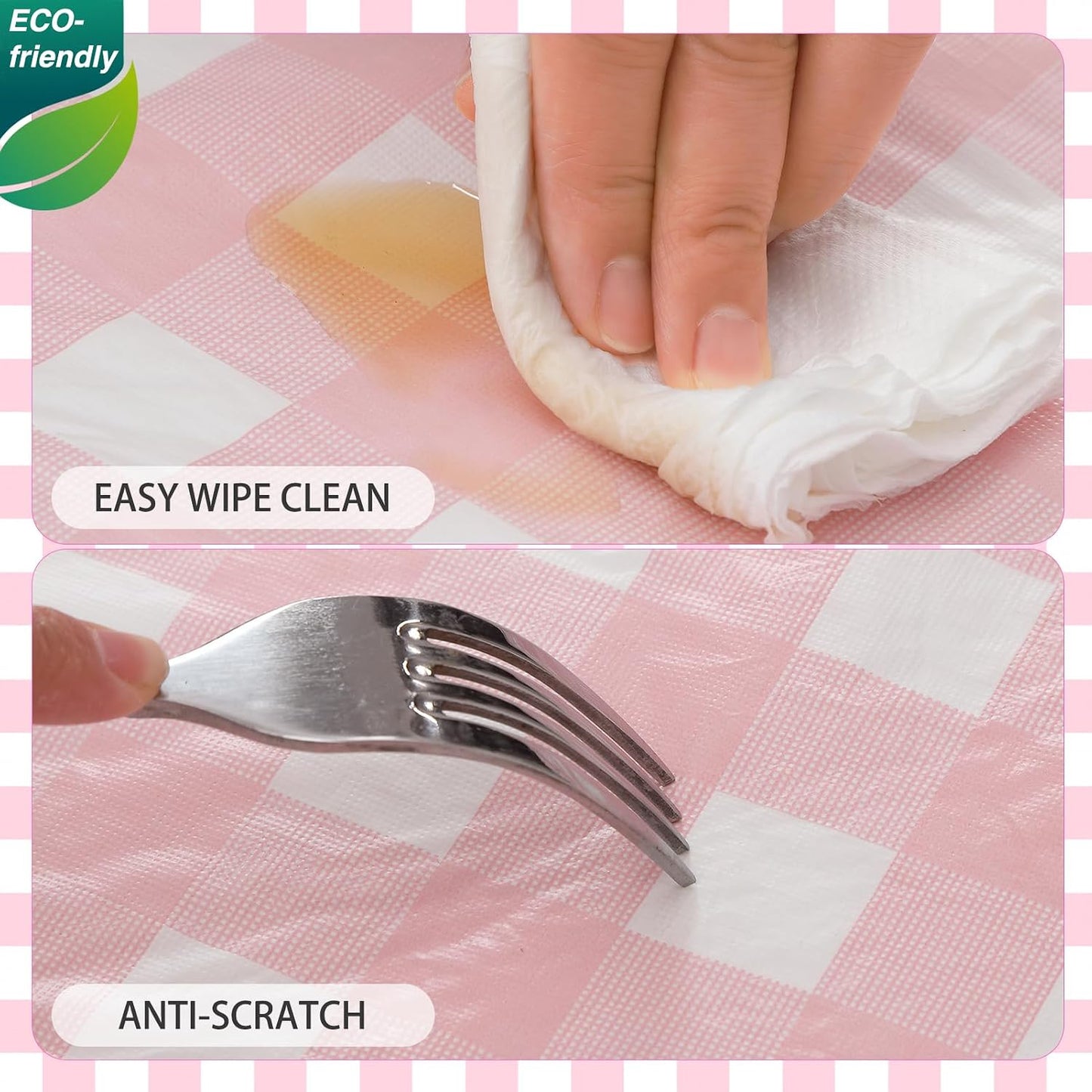 Gingham Vinyl Tablecloth with Flannel Backing, 60 Inch Round PEVA Waterproof Plastic Oilcloth, Wipeable Reusable Checkered Cover for Camping, Patio, Picnic, Kitchen, Pink Plaid