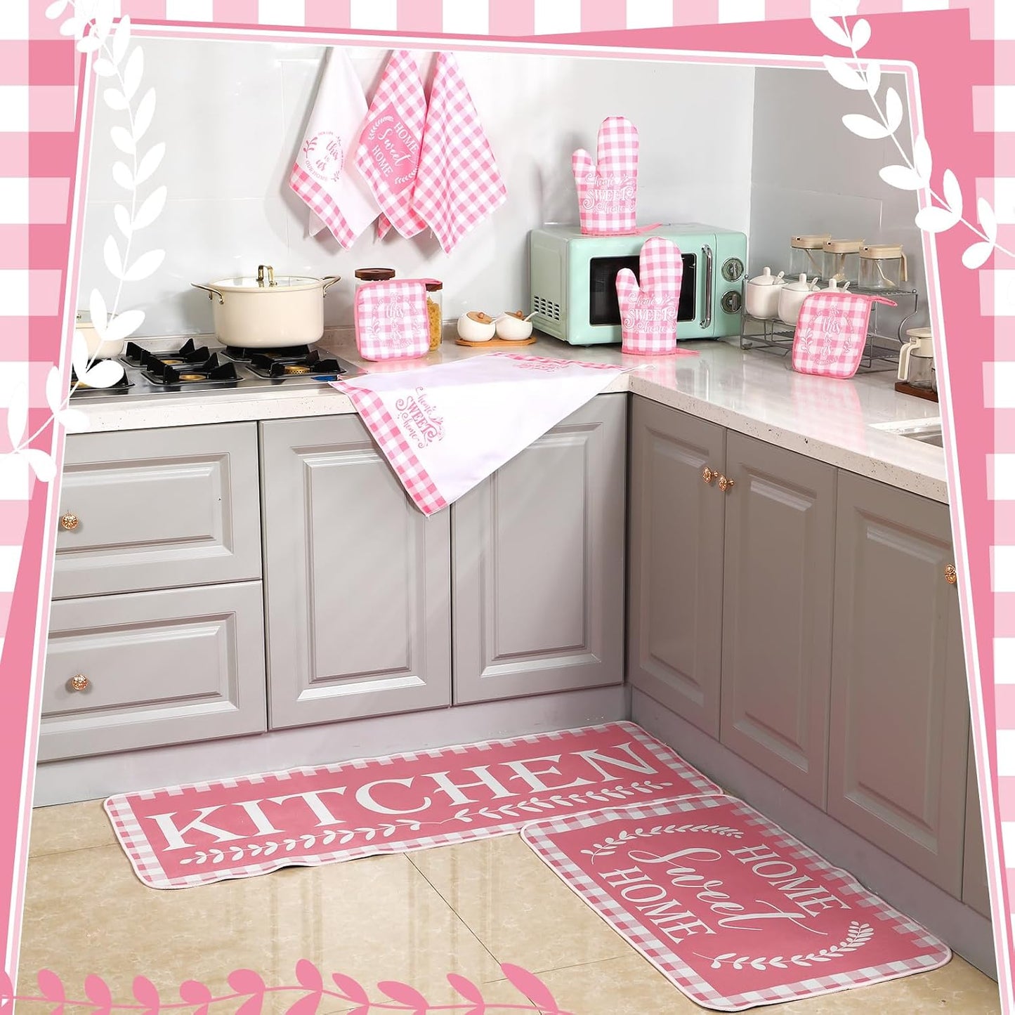 Fourluoo 10 Pcs Kitchen Set Kitchen Towels and Rugs Oven Mitts and Pot Holders Farmhouse Decor for Women Mom Gift Cooking Baking Grilling(Pink White)