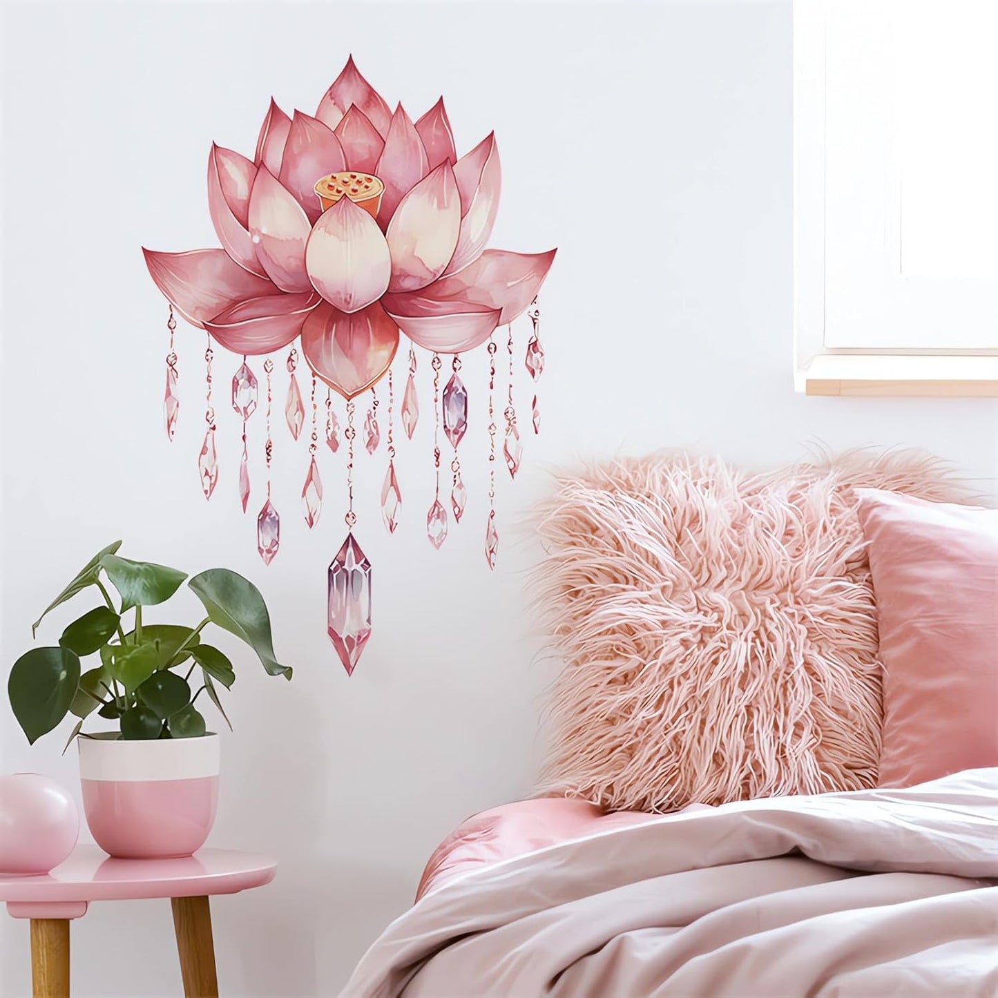 Pink Louts Crystal Pendant Flower Wall Stickers, Buddha Floral Art Wall Decals Removable Vinyl Peel and Stick Living Room Bedroom Home Decorations