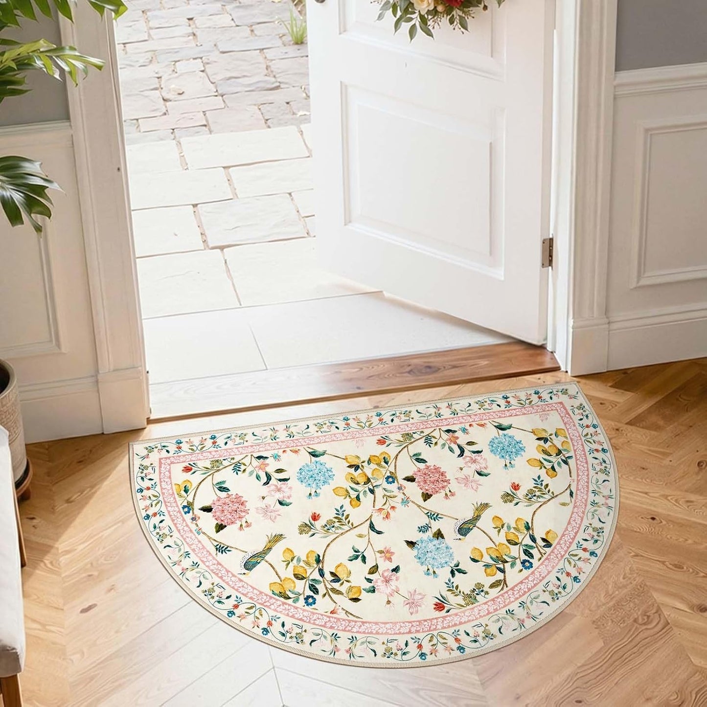 jinchan Washable Small Area Rug, 2x3 Half Circle Floral Entryway Rug, Low Pile Soft Doormat Non-Slip Dirt Trapping Carpet for Welcoming Entry Kitchen Step Space Bathroom Vanity, Beige/Pink