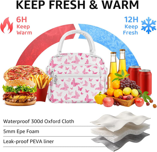 Lunch Bag Women Stylish Quilted Lunch Boxes for Adult Fit and Fresh Cooler Insulated Lunchbox for Work Cute Large 11 Liters Compact Lunchbag Waterproof (pink butterfly)